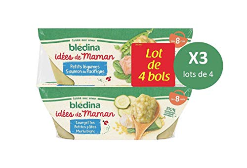 Blédina 12 bols Idées de Maman (3 Lots de 4) dès 8 Mois : 6 Petits Légumes Saumon du Pacifique / 6 Courgettes Petites Pâtes Merlu Blanc