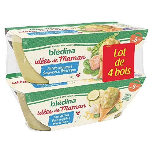 Blédina 12 bols Idées de Maman (3 Lots de 4) dès 8 Mois : 6 Petits Légumes Saumon du Pacifique / 6 Courgettes Petites Pâtes Merlu Blanc