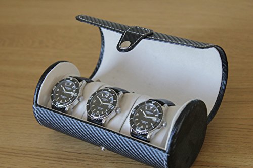 Blenheim London® Estuche Cilíndrico para Relojes, Caja de Fibra de Carbono con Espacio para 3 Relojes. Ideal para Viajes. Color Negro.