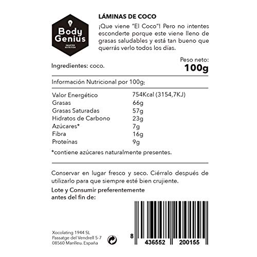 BODY GENIUS Coco Chips. 3x100g. Láminas de Coco Finas y Crujientes. 100% Natural. Sin azúcar. Ideal Como Snack y para Recetas. Ideal Para Deportistas.