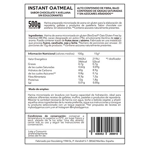 BODY GENIUS Harina de Avena (Sabor Chocoavellana SIN Endulzante). 500g. Avena Certificada Sin Gluten. Sin Azúcares Añadidos. Buena Digestión y Micronización. Hecho en España.