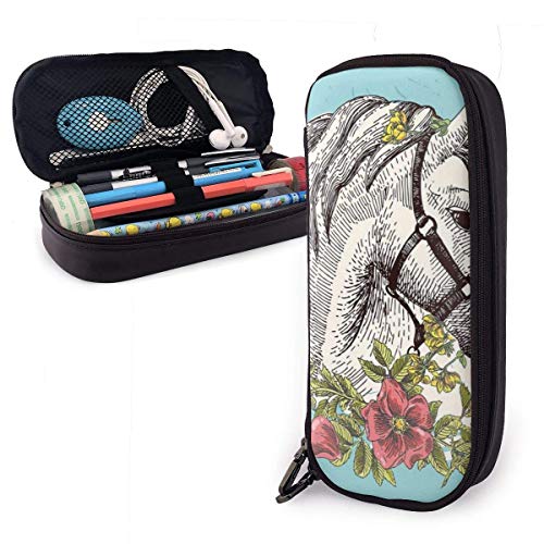 Boho Style Horse Opium Cute Pen Estuche para lápices Cuero Gran capacidad Cremalleras dobles Bolso para lápices Bolso Bolígrafo Caja para oficina escolar Niñas Niños Adultos