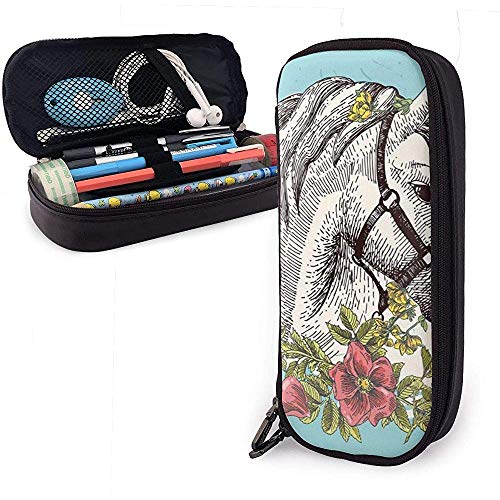 Boho Style Horse Opium Cute Pen Estuche para lápices Cuero Gran capacidad Cremalleras dobles Bolso para lápices Bolso Estuche para lápices 20cm * 9cm * 4cm