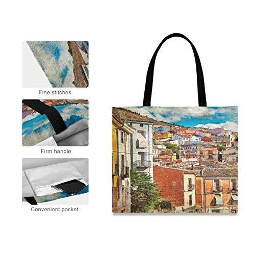 Bolsa de almacenamiento de lona de gran capacidad cuadrada Coloridas calles de España Edificios Cuenca Ciudad Bolsas de compras reutilizables Totalizador 19.7 X 16.9in Impresión para niñas D