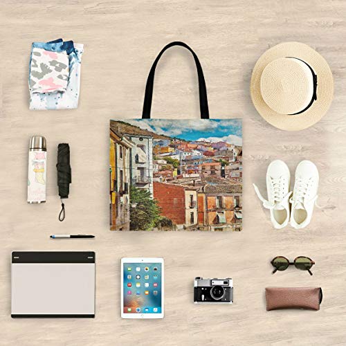 Bolsa de almacenamiento de lona de gran capacidad cuadrada Coloridas calles de España Edificios Cuenca Ciudad Bolsas de compras reutilizables Totalizador 19.7 X 16.9in Impresión para niñas D
