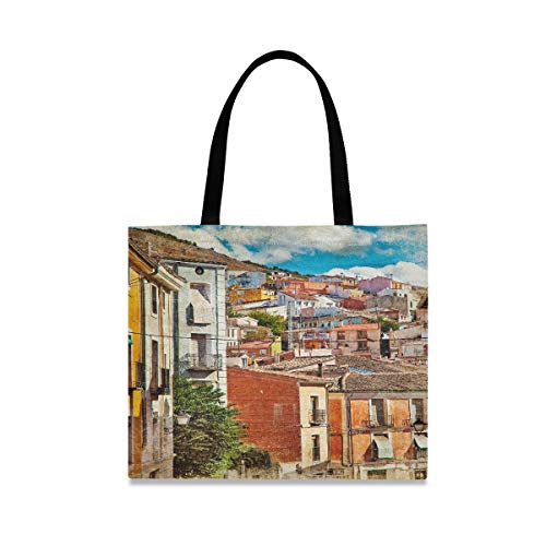 Bolsa de almacenamiento de lona de gran capacidad cuadrada Coloridas calles de España Edificios Cuenca Ciudad Bolsas de compras reutilizables Totalizador 19.7 X 16.9in Impresión para niñas D