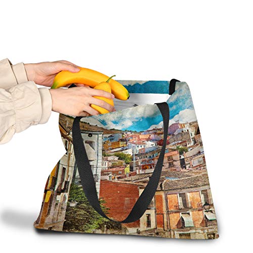 Bolsa de almacenamiento de lona de gran capacidad cuadrada Coloridas calles de España Edificios Cuenca Ciudad Bolsas de compras reutilizables Totalizador 19.7 X 16.9in Impresión para niñas D