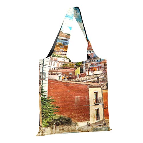 Bolsa para comestibles Coloridas calles de España Edificios Ciudad de Cuenca Bolsas para compras Bolso de trabajo Bolsas de compras reutilizables de poliéster, lavables, duraderas y livianas