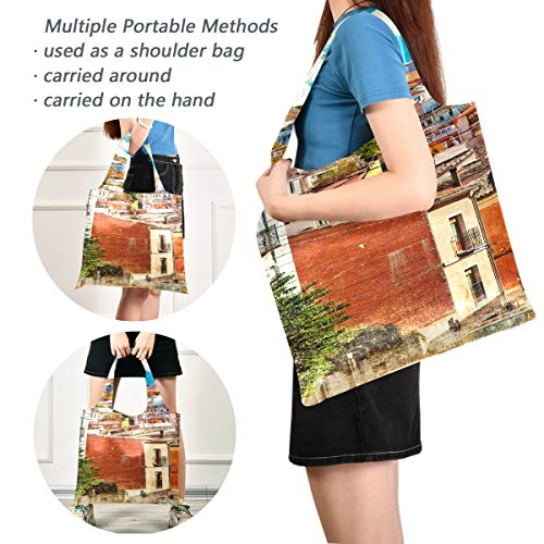 Bolsa para comestibles Coloridas calles de España Edificios Ciudad de Cuenca Bolsas para compras Bolso de trabajo Bolsas de compras reutilizables de poliéster, lavables, duraderas y livianas
