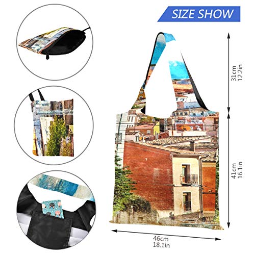 Bolsa para comestibles Coloridas calles de España Edificios Ciudad de Cuenca Bolsas para compras Bolso de trabajo Bolsas de compras reutilizables de poliéster, lavables, duraderas y livianas