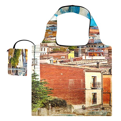 Bolsa para comestibles Coloridas calles de España Edificios Ciudad de Cuenca Bolsas para compras Bolso de trabajo Bolsas de compras reutilizables de poliéster, lavables, duraderas y livianas