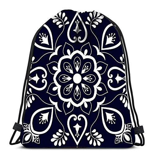 Bolsas con cordón Mochila de azulejos adornos con motivos florales azules y blancos portugueses Azulejo Mexicano Talavera Bolsas de gimnasio Mochila Bolsas de hombro Cool