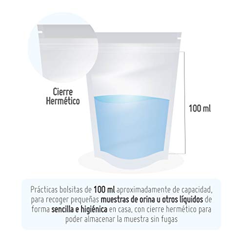 Bolsas de Recolección de Muestra de Orina 100 ml Desechables - Cierre Hermético - Pruebas Médicas - Tests de embarazo, Ovulación, Gota, Salud, Glucosa, pH, Cetonas, Drogas, Análisis de orina - 30 uds