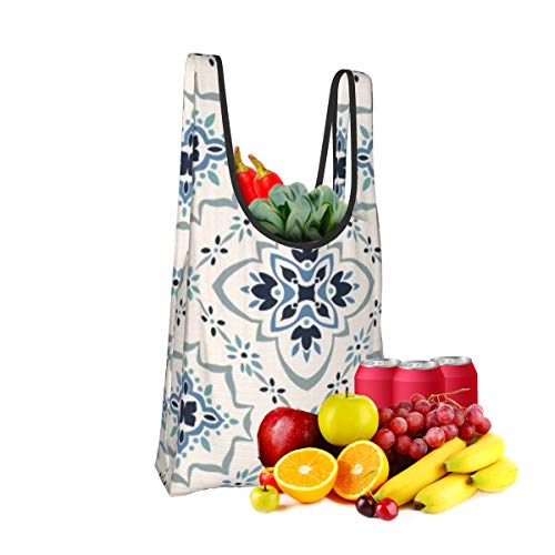 Bolsas de supermercado reutilizables Patrón Talavera Portugal Ornamento Turco Mosaico Azulejo Marroquí Lavable Impermeable Ligero 25X15 pulgadas