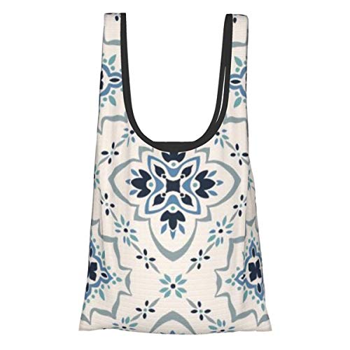 Bolsas de supermercado reutilizables Patrón Talavera Portugal Ornamento Turco Mosaico Azulejo Marroquí Lavable Impermeable Ligero 25X15 pulgadas