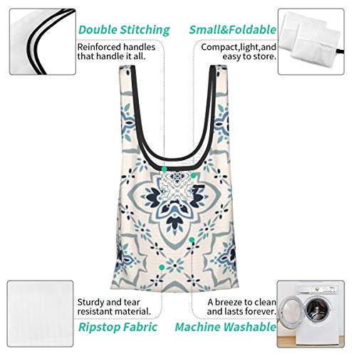 Bolsas de supermercado reutilizables Patrón Talavera Portugal Ornamento Turco Mosaico Azulejo Marroquí Lavable Impermeable Ligero 25X15 pulgadas