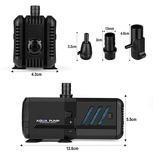 Bomba Sumergible 500L/H 6W Bomba de Filtración Ultra Silencioso Bomba de Agua para Pecera, Acuario, Jardín, Estanque, Fuente, Bomba de Flujo Extraíble y Lavable con Filtro y 1 Boquilla de agua 13mm