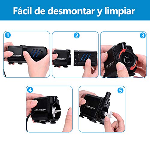 Bomba Sumergible 500L/H 6W Bomba de Filtración Ultra Silencioso Bomba de Agua para Pecera, Acuario, Jardín, Estanque, Fuente, Bomba de Flujo Extraíble y Lavable con Filtro y 1 Boquilla de agua 13mm