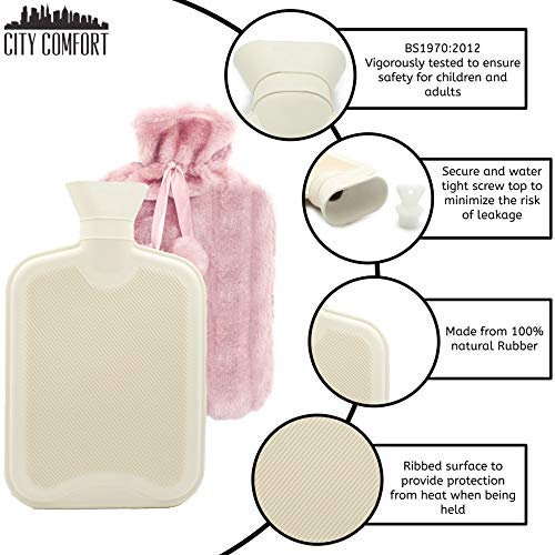 Botella de agua caliente CityComfort con funda de felpa súper suave | Botellas de agua caliente de 2 litros | Diseño británico seguro y duradero (rosa)