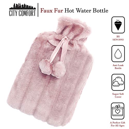 Botella de agua caliente CityComfort con funda de felpa súper suave | Botellas de agua caliente de 2 litros | Diseño británico seguro y duradero (rosa)
