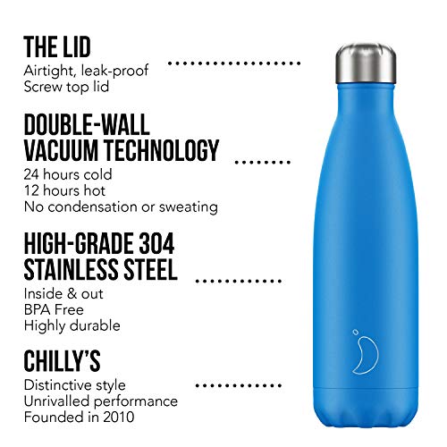 Botella De Agua De Chilly's | Acero Inoxidable y Reutilizable | Prueba de Fugas, Libre de transpiración | Azul neón | 500ml
