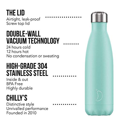 Botella De Agua De Chilly's | Acero Inoxidable y Reutilizable | Prueba de Fugas, Libre de transpiración | Verde Pastel | 260ml