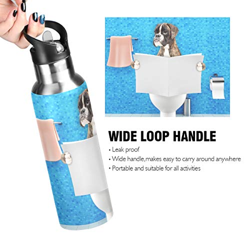 Botella de agua delgada Boxer de acero inoxidable Perro sentado en el asiento del inodoro Botella de agua con aislamiento al vacío de acero Ciclismo Deportes Botella de agua de boca estrecha con aisl