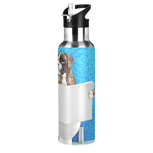 Botella de agua delgada Boxer de acero inoxidable Perro sentado en el asiento del inodoro Botella de agua con aislamiento al vacío de acero Ciclismo Deportes Botella de agua de boca estrecha con aisl