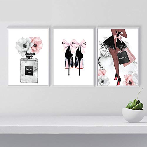 Botella de perfume Cartel nórdico Arte de la pared Moda Tacones altos Impresión de la lona Pintura Mujer Imágenes para la sala Decoración moderna SIN marco 40 * 60 cm * 3