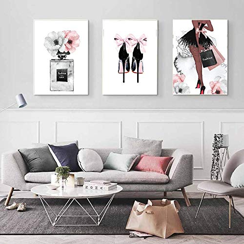 Botella de perfume Cartel nórdico Arte de la pared Moda Tacones altos Impresión de la lona Pintura Mujer Imágenes para la sala Decoración moderna SIN marco 40 * 60 cm * 3