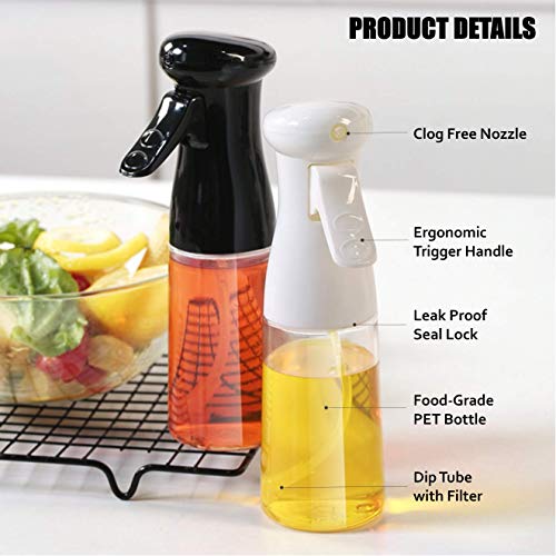 Botella dispensadora de aceite para asar a la parrilla, 210 ml de aceite de oliva recargable nebulizador fino, grado alimenticio, PET libre de BPA, fácil de usar para asar ensaladas, asar y freír