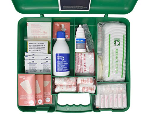 Botiquín Maletín de primeros auxilios grande - con 100 artículos indispensables para realizar curas de emergencia, verde