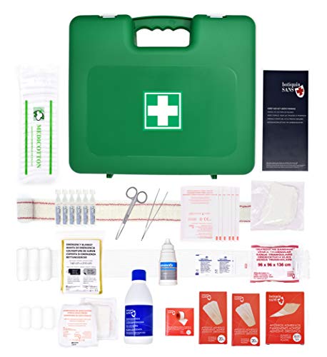 Botiquín Maletín de primeros auxilios grande - con 100 artículos indispensables para realizar curas de emergencia, verde