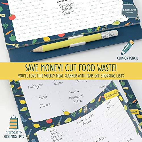 Boxclever Press Lista Compra Nevera. Pizarra magnética con lista de la compra, lista de comidas y menú. Planificador semanal bloc de notas. Incluye un lápiz y un bolsillo. (Cocina)