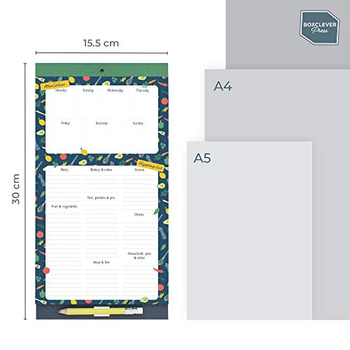 Boxclever Press Lista Compra Nevera. Pizarra magnética con lista de la compra, lista de comidas y menú. Planificador semanal bloc de notas. Incluye un lápiz y un bolsillo. (Cocina)