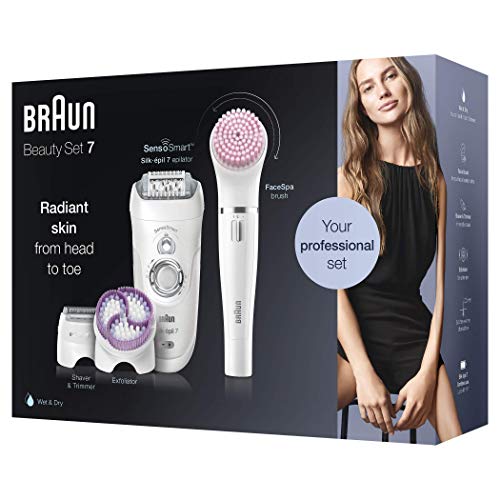 Braun Silk-épil Beauty Set 7 7-895 Profesional 6 En 1 - Depiladora Mujer, Inalámbrica Wet&Dry, Kit De Depilación, Rasuradora, Limpieza y Exfoliación para Rostro y Cuerpo, Blanco/Plata