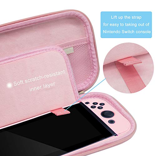 BRHE - Funda de viaje para Nintendo Switch, color rosa, resistente a los golpes, resistente al agua, con protector de pantalla de cristal y tapas de agarre para el pulgar (rosa)