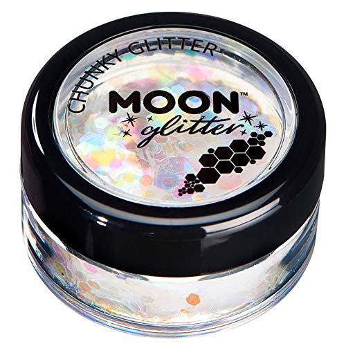 Brillo Iridiscente Grueso por Moon Glitter – 100% Brillo Cosmético para la Cara, Cuerpo, Uñas, Cabello y Labios - 3g - Blanca