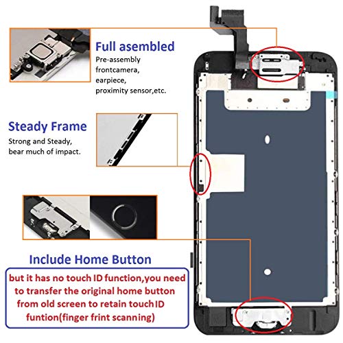 Brinonac Pantalla para iPhone 6s, 4.7" Pantalla Táctil LCD con botón de Inicio,Cámara Frontal, Sensor de proximidad, Altavoz, ensamblaje de Marco digitalizador y Kit de reparación (Negro)