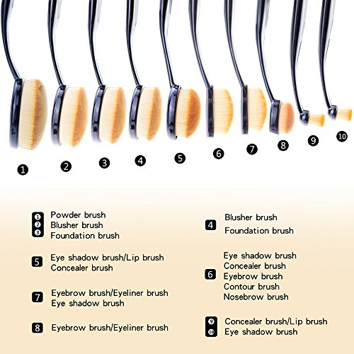 Brochas de Maquillaje Profesional Start Makers 10 Cepillos Ovales de Maquillaje para las cejas, base de maquillaje, polvos, crema, incluye bolsa, incluye una esponja de maquillaje