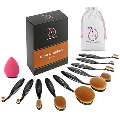 Brochas de Maquillaje Profesional Start Makers 10 Cepillos Ovales de Maquillaje para las cejas, base de maquillaje, polvos, crema, incluye bolsa, incluye una esponja de maquillaje