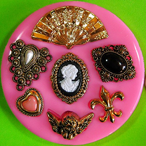 Broche de camafeo del Victorian del vintage Fleur de Lys Cherub Molde de silicona para la torta de Decoración Pastel de Cupcake Toppers Glaseado Sugarcraft Tool por Fairie Blessings