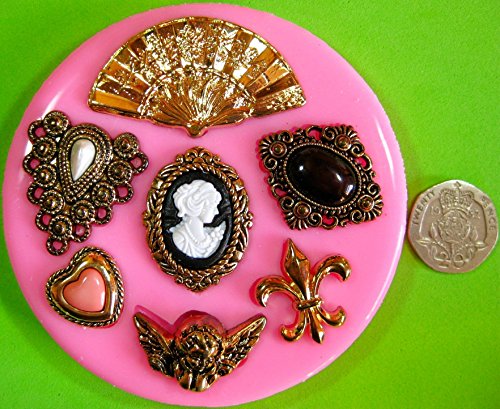 Broche de camafeo del Victorian del vintage Fleur de Lys Cherub Molde de silicona para la torta de Decoración Pastel de Cupcake Toppers Glaseado Sugarcraft Tool por Fairie Blessings