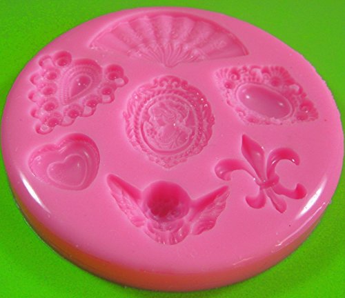 Broche de camafeo del Victorian del vintage Fleur de Lys Cherub Molde de silicona para la torta de Decoración Pastel de Cupcake Toppers Glaseado Sugarcraft Tool por Fairie Blessings