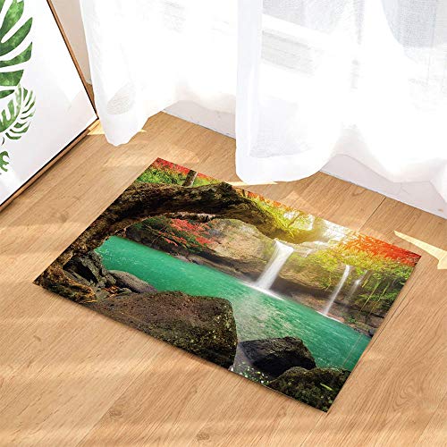 BuEnn Safari Animaux Sauvages Cerf Décor Sambar Cerf Sous Bayan Arbre Avec Cascades Roche Pierre Forêt Tapis Bain Antidérapant Paillasson Plancher Intérieur Porte intérieur 15.7x23.6in