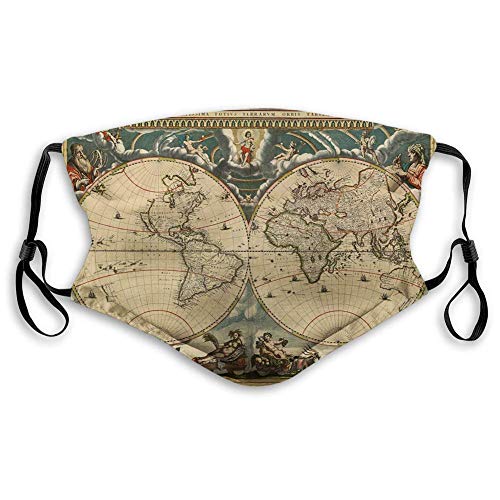 Bufanda para Cubrir la Cara de la Boca, Mapa Antiguo con Fecha del Tema de la geografía histórica del Mundo Antiguo, Estampado de diseño Antiguo y Sucio, Decoraciones faciales para Adultos Unisex