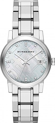 Burberry Luxury Diamonds Watch Womens Girls The City Precious acero inoxidable Madre de Pearl texturizado fecha Dial BU9125