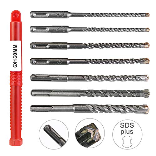 BUZIFU Brocas de Hormigón 6/8/10/12/14 x 160 mm, 7 unids Brocas SDS Plus con Cabeza Maciza de Carburo y 4 Aristas de Corte, Broca Martillo, Taladrado Rápido, para Hormigón, Cemento, Granito o Ladrillo