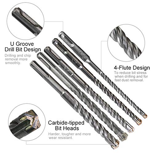 BUZIFU Brocas de Hormigón 6/8/10/12/14 x 160 mm, 7 unids Brocas SDS Plus con Cabeza Maciza de Carburo y 4 Aristas de Corte, Broca Martillo, Taladrado Rápido, para Hormigón, Cemento, Granito o Ladrillo