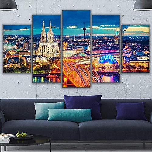Bzeesovs® 5 Piezas De Arte De Pared 150X100Cm Iglesia, Ciudad Noche Luz Puente Paisaje Cartel 5 Murales Pintura Al Óleo Decoración del Hogar Dormitorio -Pintura Familiar Moderna Impresión De Arte De